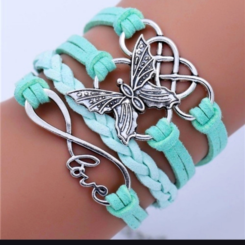 Turquoise or light blue love butterfly bracelet.